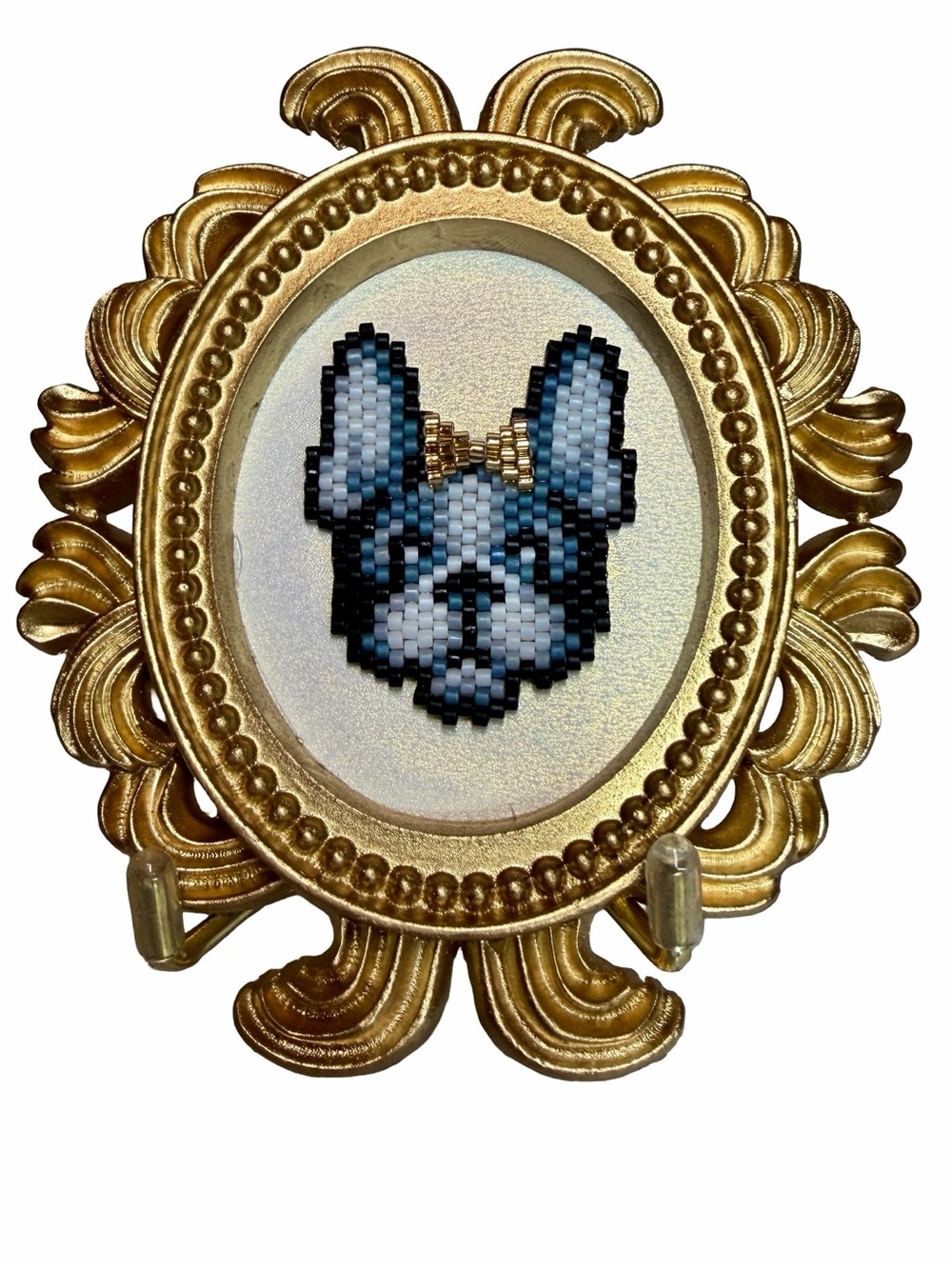 French Bulldog Beaded Art • Tiny Framed Dog Portrait • Gold Frame Decor - Picture 5 of 6
